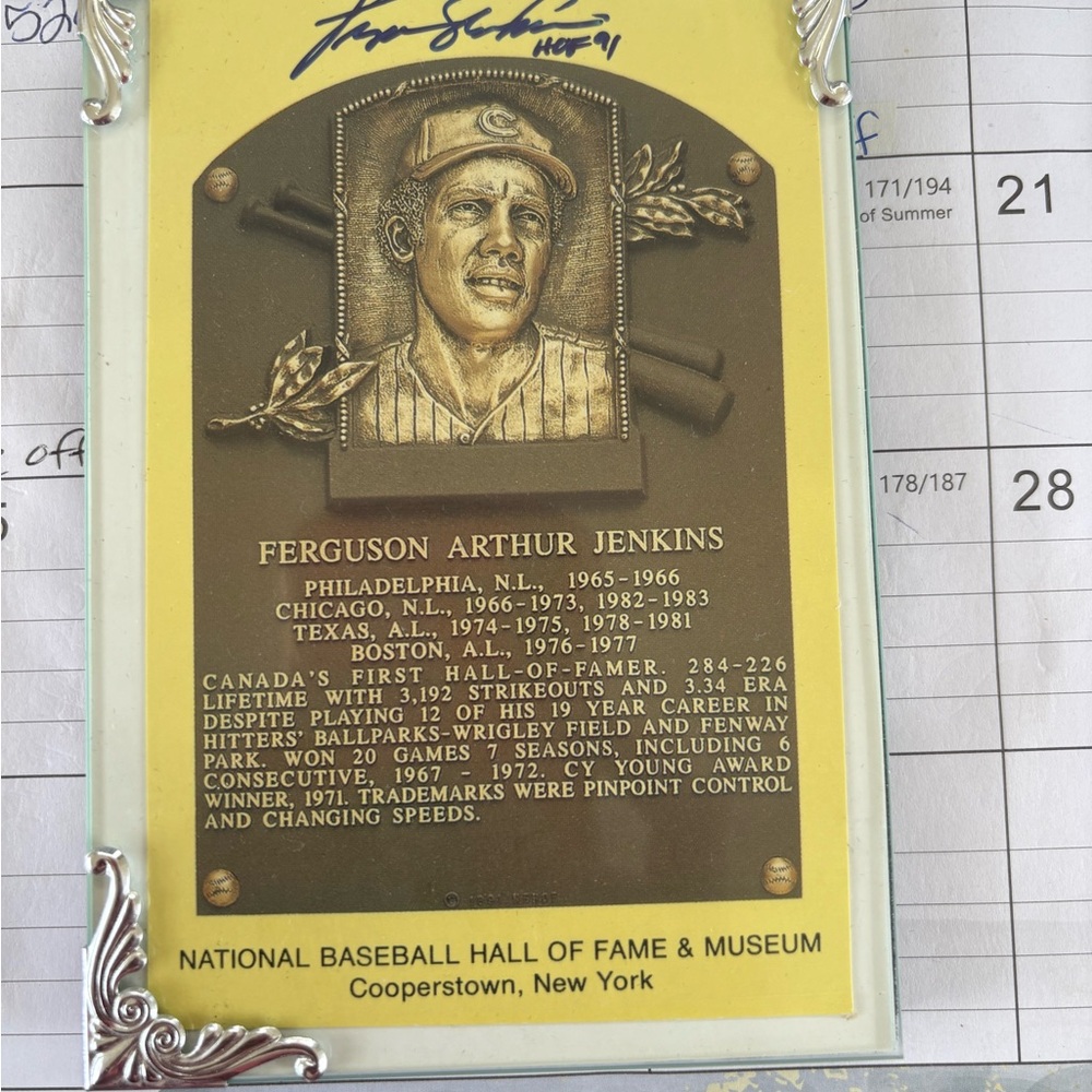 Ferguson Jenkins Hall of Fame Plaque